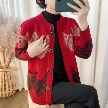 Вязаная куртка женская осенняя с принтом удобные эластичные топы с большими карманами и круглым вырезом однобортный кардиган XL красный