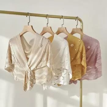 Вязаная маленькая шаль для женщин на открытом воздухе с подушечками для шеи в стиле знаменитостей на весну и лето, вязаная для комнаты с кондиционером, волнистый жемчужный воротник на плечо красный