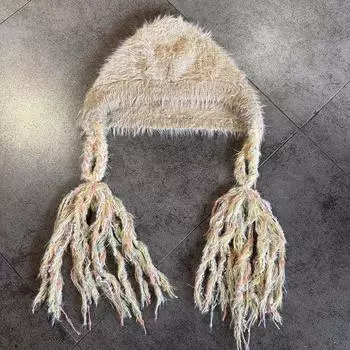 Вязаная модная шапка для девочек, теплая шапка-бини с милыми косичками для ношения в холодную погоду