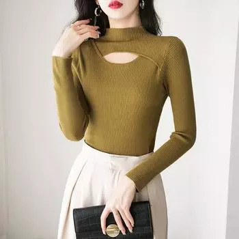 Вязаная нижняя рубашка, женский пуловер с вырезами, топы, футболка с длинным рукавом, полуводолазка, свитер, джемпер S белый