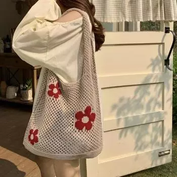 Вязаная пляжная сумка, ажурная тканая сумка через плечо с цветочным узором, сумка-тоут для повседневных выходов, праздников, шопинга на улице чёрный