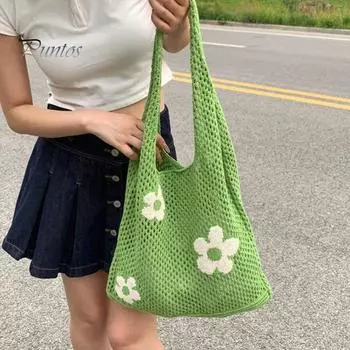 Вязаная пляжная сумка, ажурная тканая сумка через плечо с цветочным узором, сумка-тоут для повседневных выходов, праздников, шопинга на улице зелёный