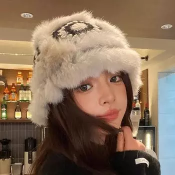 Вязаная плюшевая шапка из кроличьей шерсти женская осенне-зимняя меховая шапка-ведро с головой тигра и льва, милая мордашка, маленькая шерстяная шапка чёрный