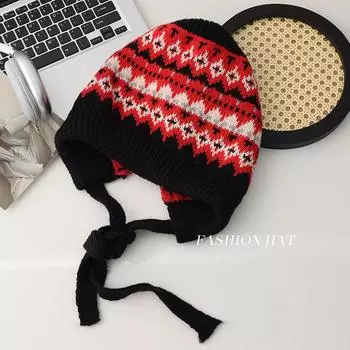 Вязаная плюшевая шапка : Теплая шерстяная шапка с защитой ушей для осени и зимы, большая окружность головы, утягивающий дизайн лица. One size (fits 56-59cm head circumference) хаки