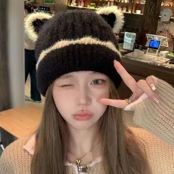 Вязаная плюшевая шапка женская осенне-зимняя меховая утолщенная теплая шапка рыбака милая маленькая шерстяная шапка с изображением лица новая One size