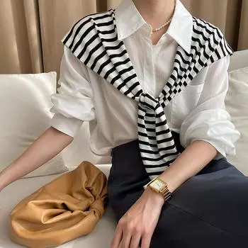 Вязаная полосатая маленькая шаль с женским модным шарфом на плечо высокого класса с тонким поддельным воротником 100cm оливковый