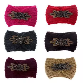 Вязаная повязка на голову с блестками, стразами, аппликацией из искусственных кристаллов, зимний винтажный тюрбан горячий розовый