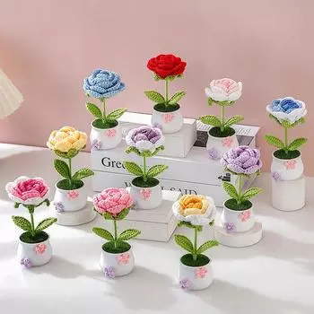 Вязаная пряжа для дома, свадьбы, вечеринки, вязаная роза, растение в горшке, креативное моделирование, бонсай, уникальные подарки, настольные украшения