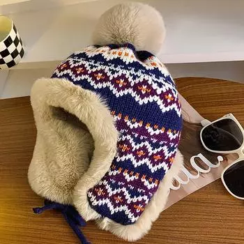 Вязаная пушистая шапка-ушанка для катания на лыжах, новая толстая теплая зимняя шапка-бини с меховым помпоном, шапка-авиатор one size fits all красный