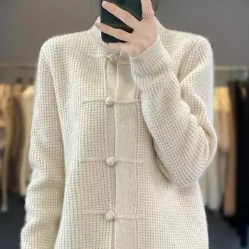 Вязаная рубашка на пуговицах в китайском стиле, весенне-осенняя новая винтажная основа со свитером Cheongsam и топом-кардиганом для женщин M