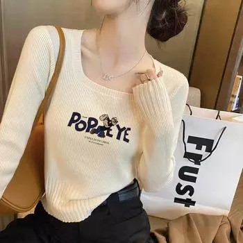 Вязаная рубашка с французским квадратным вырезом и ключицей, уникальный и милый дизайн верха, нишевая белая футболка с длинными рукавами для женской весенне-осенней одежды S