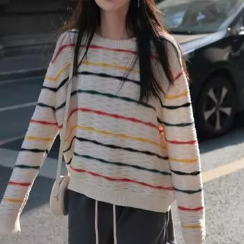 Вязаная рубашка в радужную полоску, женский ажурный свитер, рубашка с длинными рукавами на подкладке, весна/лето, внешний пуловер, женский свитер One Size бежевый