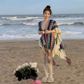 Вязаная шаль в этническом стиле, дорожная одежда, цинхайский внешний плащ, пальто, накидка, шарф для женщин One Size синий