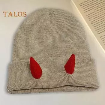 Вязаная шапка-бини с рогами дьявола, зимняя шапка-череп для мужчин и женщин с рогами для катания на лыжах в холодную погоду, теплая вязаная шапка ручной работы с рогами демона чёрный