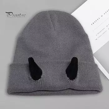 Вязаная шапка-бини с рогами дьявола, зимняя шапка-череп для мужчин и женщин с рогами для катания на лыжах в холодную погоду, теплая вязаная шапка ручной работы с рогами демона бежевый