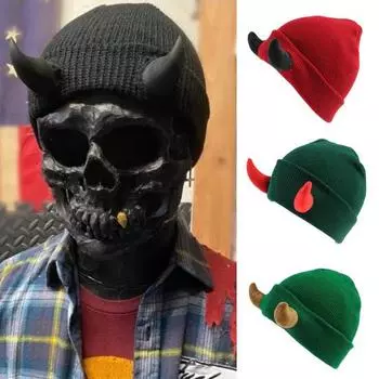 Вязаная шапка-бини с рогами дьявола, зимняя шапка-череп для мужчин и женщин с рогами для катания на лыжах в холодную погоду, теплая вязаная шапка ручной работы с рогами демона