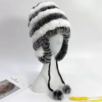 Вязаная шапка-бомбер из кроличьего меха, женская зимняя теплая мягкая шапка-ушанка с помпоном, толстая подкладка для девочек, пушистая разноцветная полосатая шапка 55-59cm