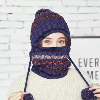 Вязаная шапка цветная твист три мяча защитные уши шерстяная шапка шарф комплект зимний теплый комплект из двух предметов чёрный