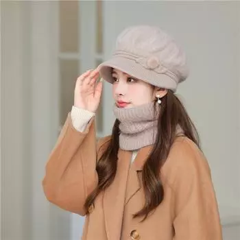 Вязаная шапка Детская вязаная шапка из меха кролика Флисовая утолщенная теплая шапка Hat + Scarf
