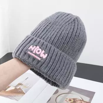 Вязаная шапка для женщин Осень-зима Модные этикетки Теплая шапка Маленькое лицо Универсальная шапка для пар Шапки и кепки (унисекса) One size серый