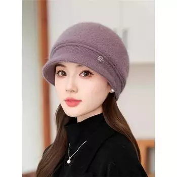 Вязаная шапка для женщин, осенне-зимняя теплая шапка из кроличьей шерсти в западном стиле, короткая вязаная шапка с утиным язычком, шапка для пожилых мам среднего возраста one size фиолетовый