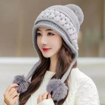 Вязаная шапка для женщин, подходящая по цвету, скрученные наушники Sanmao Ball, шерстяная шапка, зимняя универсальная повседневная теплая бархатная шапка M56-58cm чёрный