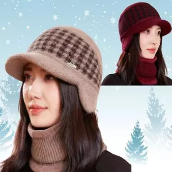 Вязаная шапка для женщин, зимняя теплая, модная, сетчатая, из меха кролика, шапки для женщин, для мам, толстые, для защиты ушей, клетчатые шапки hat only вино красного