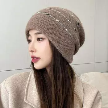 Вязаная шапка из кроличьей шерсти, осенне-зимняя вязаная шапка из пряжи с толстым бархатом для защиты ушей на открытом воздухе, женская шапка one size чёрный