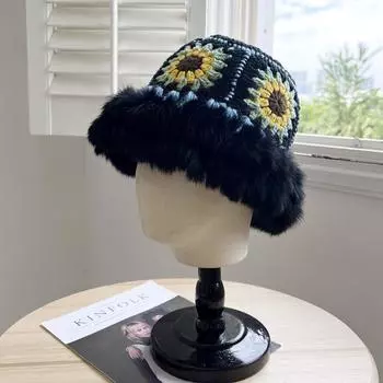 Вязаная шапка из кроличьей шерсти в этническом стиле, женская осенне-зимняя вязаная крючком шерстяная шапка с изображением лица, маленькая пасторальная плюшевая шляпа-ведро M56-58cm чёрный