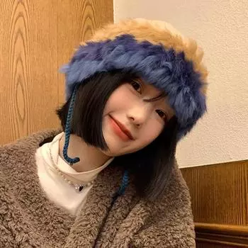 Вязаная шапка из меха кролика, женская осенне-зимняя теплая шерстяная шапка, милая и симпатичная плюшевая защитная сумка для ушей бежевый