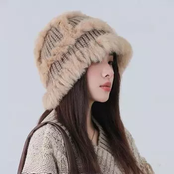 Вязаная шапка из натурального меха кролика, женская, теплая, шерстяная, осенне-зимняя, утепленная, плюшевая, с изображением головы, маленькая меховая шапка-ведро M56-58cm хаки