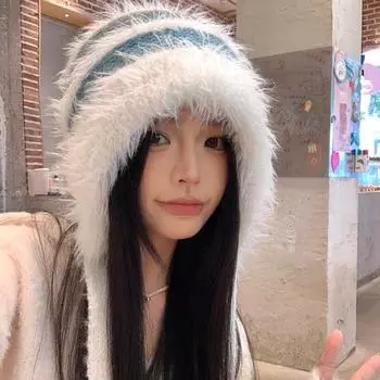 Вязаная шапка из плюша контрастного цвета для детей, теплая осенью и зимой, утолщенная и ветрозащитная, милая и симпатичная универсальная шапка Lei Feng one size fits all белый