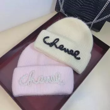 Вязаная шапка из шерсти с жемчужным узором ручной работы: Теплый мех кролика, унисекс, скандинавская мода на осень и зиму One size