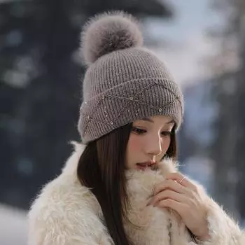 Вязаная шапка Jiayi, женская, осенне-зимняя, из кроличьей шерсти, с цветочной нитью, вязаная шапка, милая, плюшевая, женская, с капюшоном, для защиты ушей One Size (50-60cm) белый