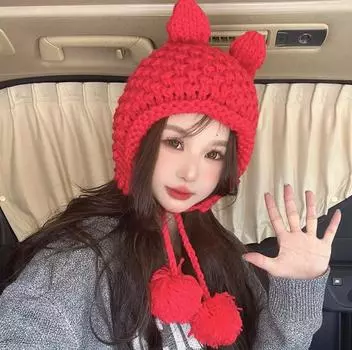 Вязаная шапка-мешок ручной работы, женская сезонная кроличья ушка, милая и теплая шерстяная шапка для защиты ушей One Size