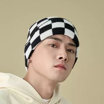 Вязаная шапка мужская черно-белая клетчатая шапка Baotou японская универсальная шерстяная ворсовая шапка осенне-зимняя универсальная корейская версия холодная шапка One size