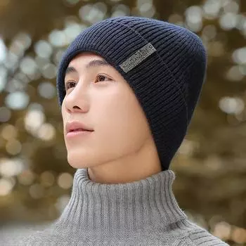 Вязаная шапка мужская осенне-зимняя двухслойная толстая шерстяная теплая шапка модная универсальная плюшевая шерстяная шапка M56-58cm чёрный