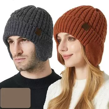 Вязаная шапка, мужская зимняя шерстяная шапка с защитой ушей, женская пуловерная шапка чёрный