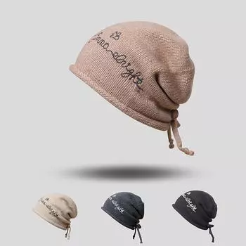 Вязаная шапка-пуловер с буквами для осени и зимы, теплая модная шапка с завязками и подвернутым краем для женщин One Size чёрный