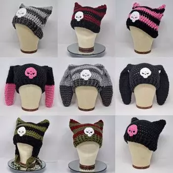 Вязаная шапка ручной работы с кошачьими ушками и косой для мужчин и женщин, теплая осенне-зимняя шапка