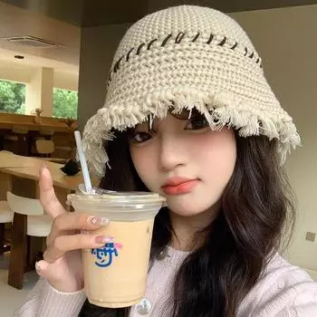 Вязаная шапка рыбака детская осенне-зимняя нишевая индивидуальная модная универсальная ретро грубая кромка показать лицо маленькая шляпа-ведро M56-58cm