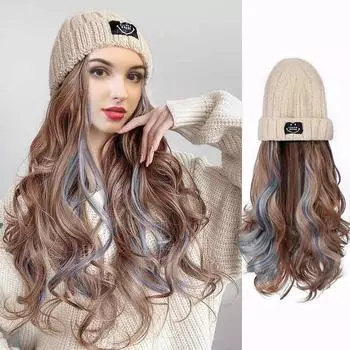 Вязаная шапка рыбака с вьющимися волосами, съемная синтетическая шапка, парик, женские теплые осенние и зимние модели