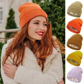 Вязаная шапка с атласной подкладкой предотвращает ломкость волос эластичная однотонная удерживающая абрикосовый
