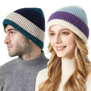 Вязаная шапка с цветными блоками, мужская осенне-зимняя толстая шерстяная шапка с пуловером, женская чёрный