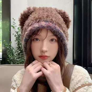 Вязаная шапка с изображением маленького плюшевого медведя для детей, осенне-зимняя, утолщенная, теплая, пушистая, милая, шерстяная, защитная шапка для ушей, прилив M56-58cm темно-коричневого