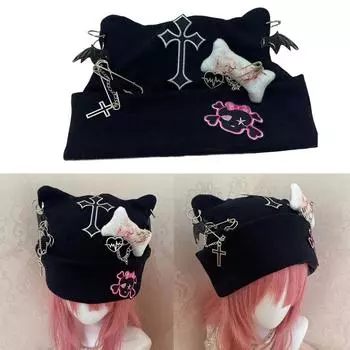 Вязаная шапка с кошачьими ушками для студентов и взрослых, складная зимняя шапка в стиле Y2K, ручная работа, в форме кошачьих ушей, висячие украшения, панк-шляпа B