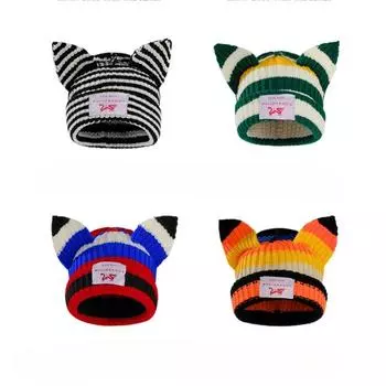 Вязаная шапка с кошачьими ушками, двухслойная теплая шерстяная шапка с поросячьими ушками, симпатичная модная шапка с капюшоном, нишевый дизайн, хип-хоп, личность, холодная шапка