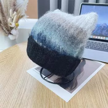 Вязаная шапка с кошачьими ушками в стиле ретро, контрастного цвета, женская, осенне-зимняя, мультяшная, милая, утолщенная, теплая, с защитой ушей, шерстяная, от холода