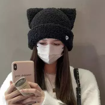 Вязаная шапка с кошачьими ушками, женская осенне-зимняя плюшевая шапка, симпатичная свободная теплая шапка-мешок, защита головы от ушей, шерстяная шапка с изображением маленького лица One Size (54-60cm)