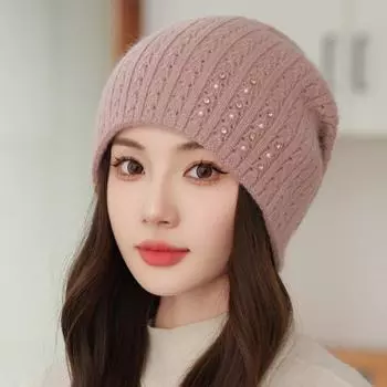 Вязаная шапка с кроликом Цзяи, детская зимняя теплая толстовка с капюшоном для мам среднего возраста, пожилая, универсальная, корейская версия, вязаная шапка One size (50-60cm) серый